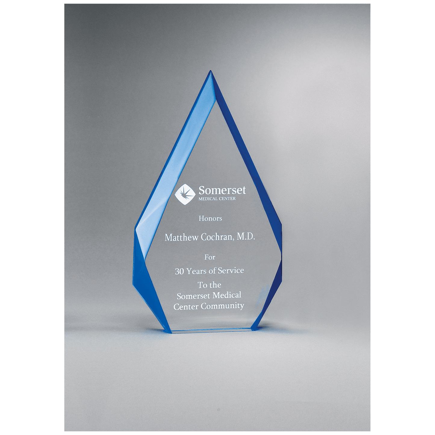 Flame Series Clear Freestanding Acrylic with Black Silk Screened Back or Blue Accented Bevels