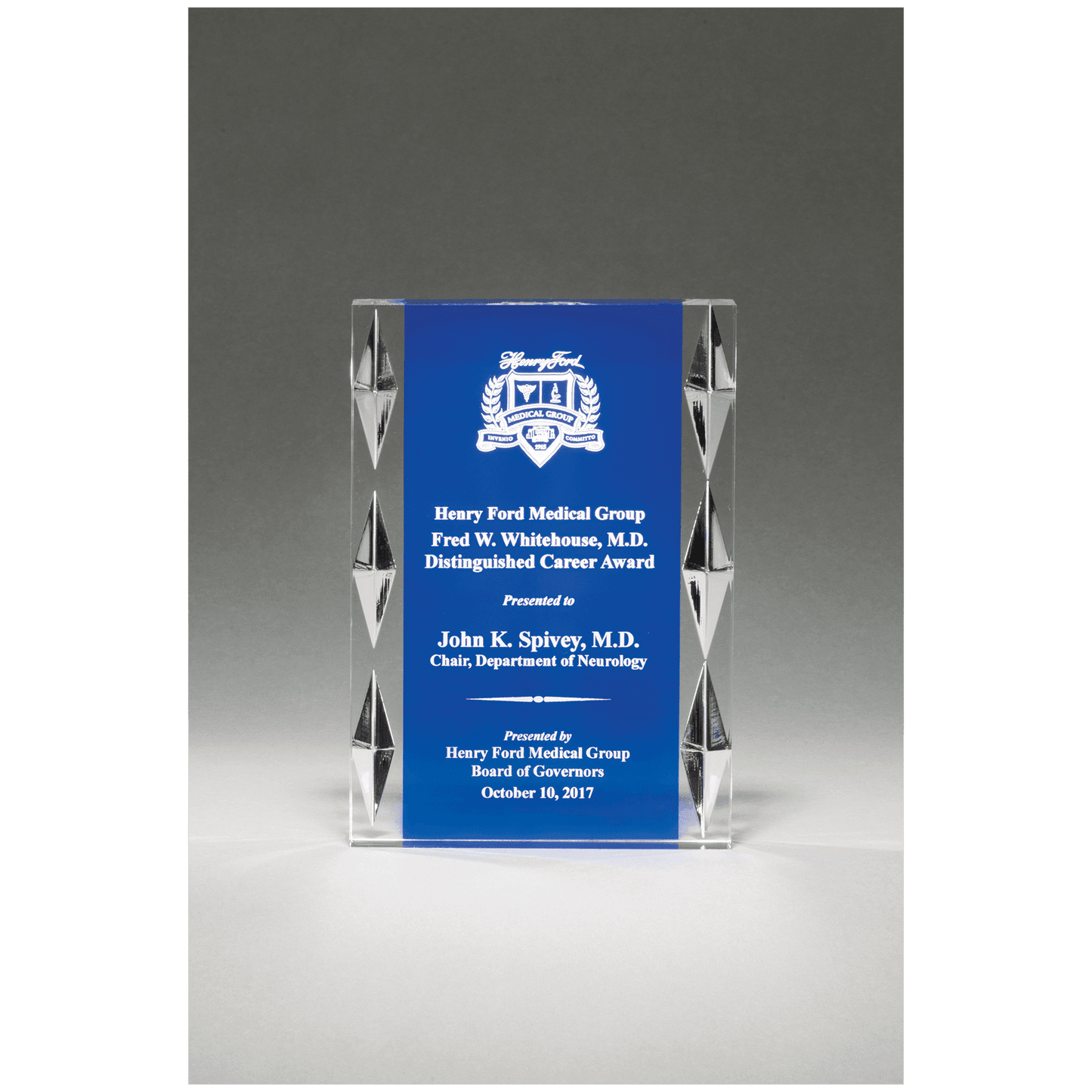 Freestanding Acrylic with Blue Background and Carved Jewel Accents