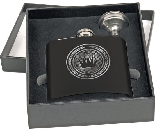 VINNPRINT - ENGRAVING - 6 oz. Leather Flask Set in Black Presentation Box