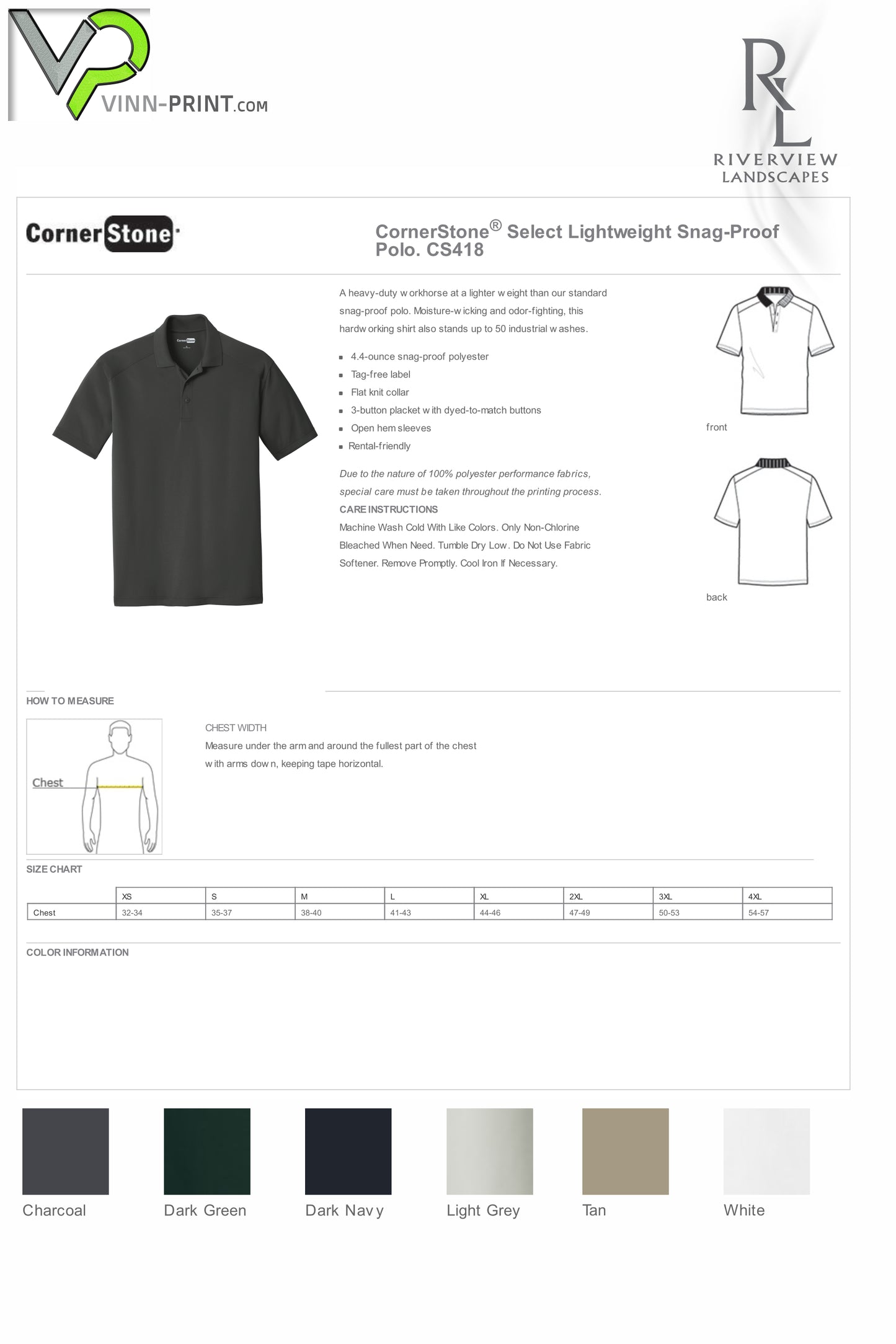RIVERVIEW - CHAROAL - CornerStone® Select Lightweight Snag-Proof Polo. CS418 - PRINTED LOGO (Copy) (Copy) (Copy) (Copy) (Copy)