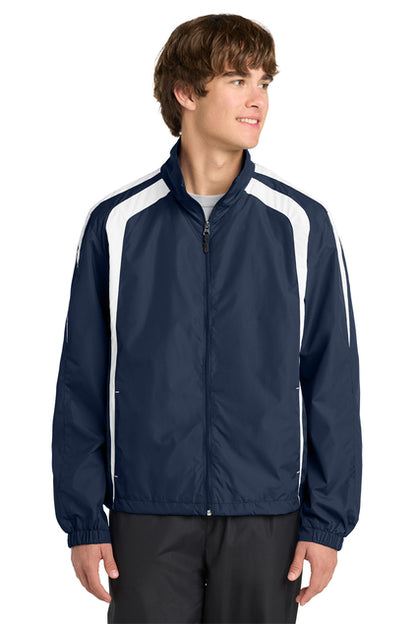 Person wearing a navy jacket with white stripes on a white background