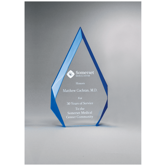 Flame Series Clear Freestanding Acrylic with Black Silk Screened Back or Blue Accented Bevels