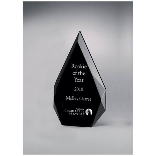 Flame Series Clear Freestanding Acrylic with Black Silk Screened Back or Blue Accented Bevels