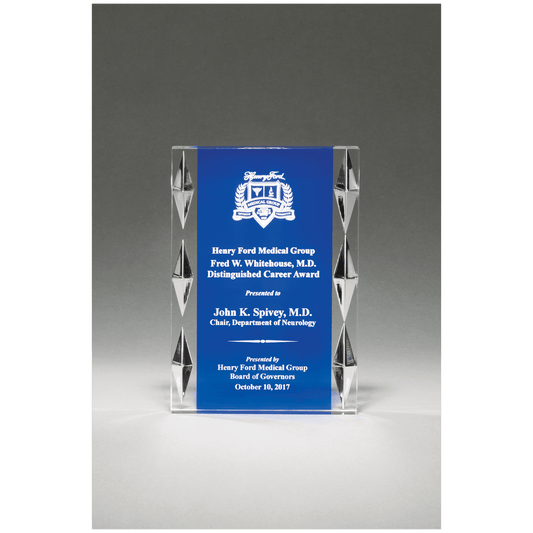 Freestanding Acrylic with Blue Background and Carved Jewel Accents