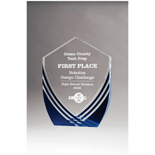Shield Series Clear Acrylic with Polished Score Lines and Blue Metallic Accent