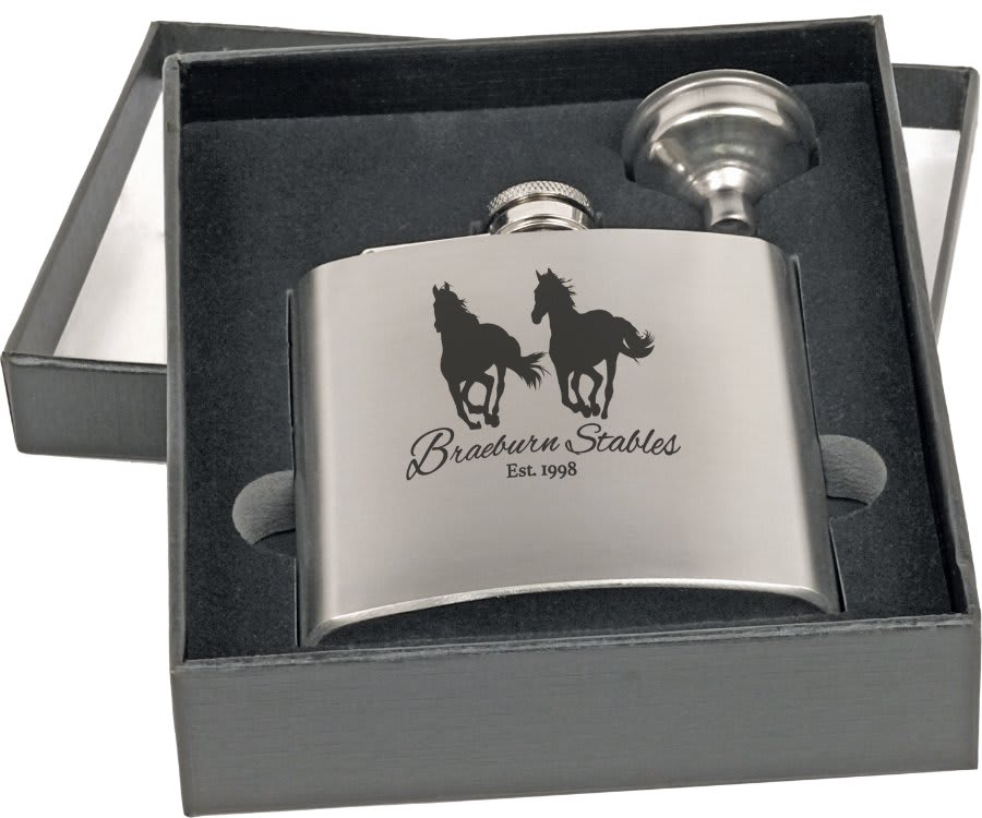 VINNPRINT - ENGRAVING - 6 oz. Leather Flask Set in Black Presentation Box
