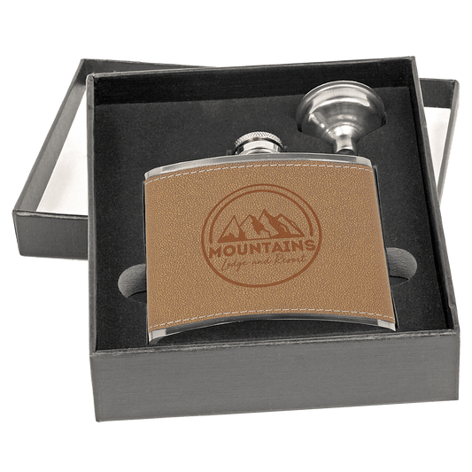 VINNPRINT - ENGRAVING - 6 oz. Leather Flask Set in Black Presentation Box