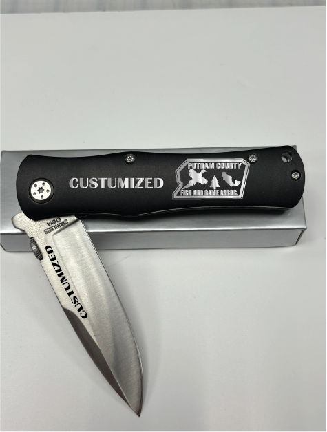 PUTNAM COUNTY FISH & GAME ASSOC.-ENGRAVING- GFT015 - 4 1/2" Black Anodized Aluminum Handle Knife