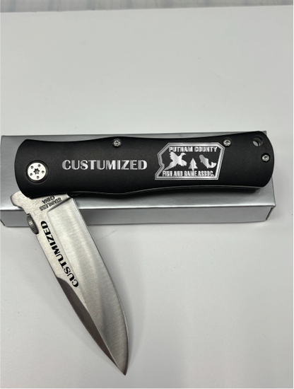 PUTNAM COUNTY FISH & GAME ASSOC.-ENGRAVING- GFT015 - 4 1/2" Black Anodized Aluminum Handle Knife