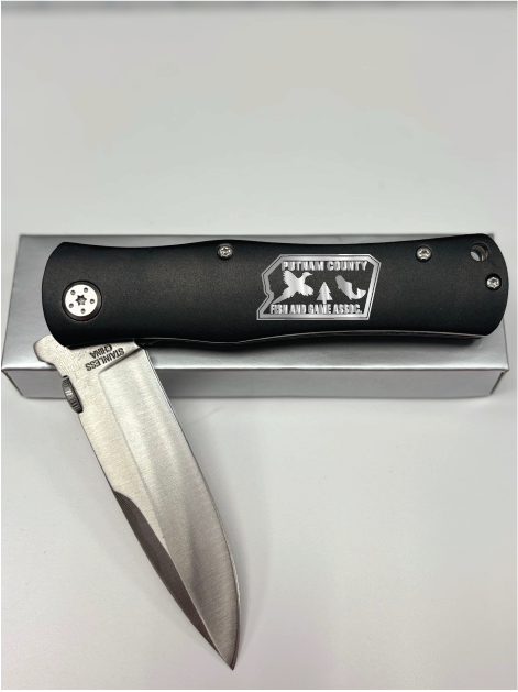 PUTNAM COUNTY FISH & GAME ASSOC.-ENGRAVING- GFT015 - 4 1/2" Black Anodized Aluminum Handle Knife